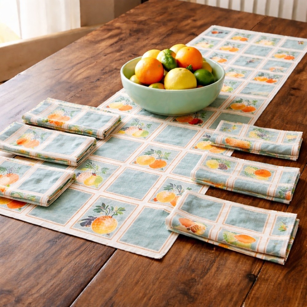 Vintage Mid Century Fruit Retro Table Runner and 7 Napkins Set Teal Orange MCM